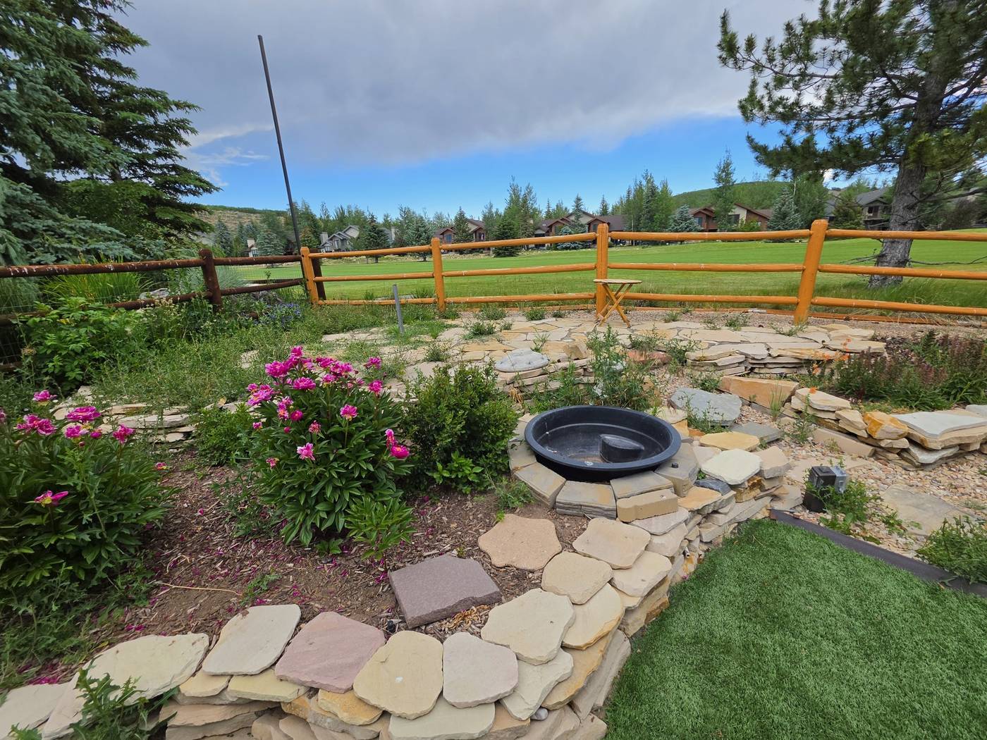 Before: old patio surface and tired landscaping