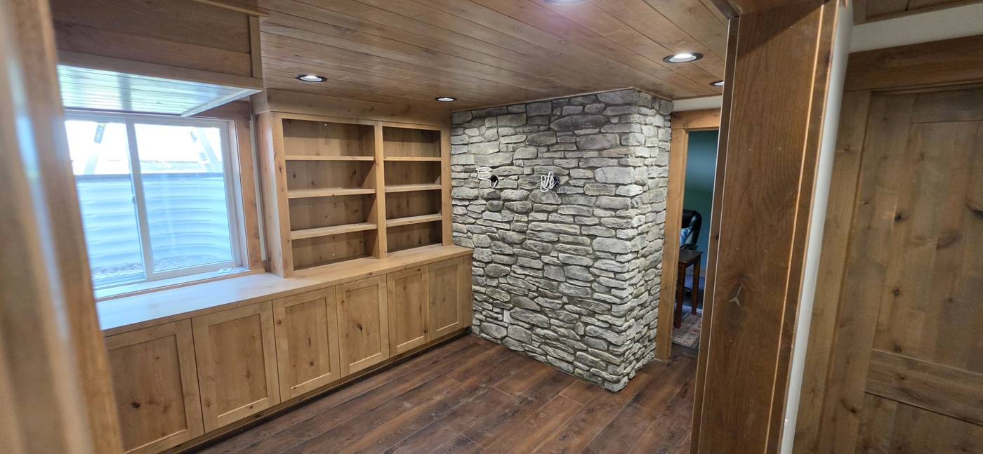 After: stone accent wall from the entry