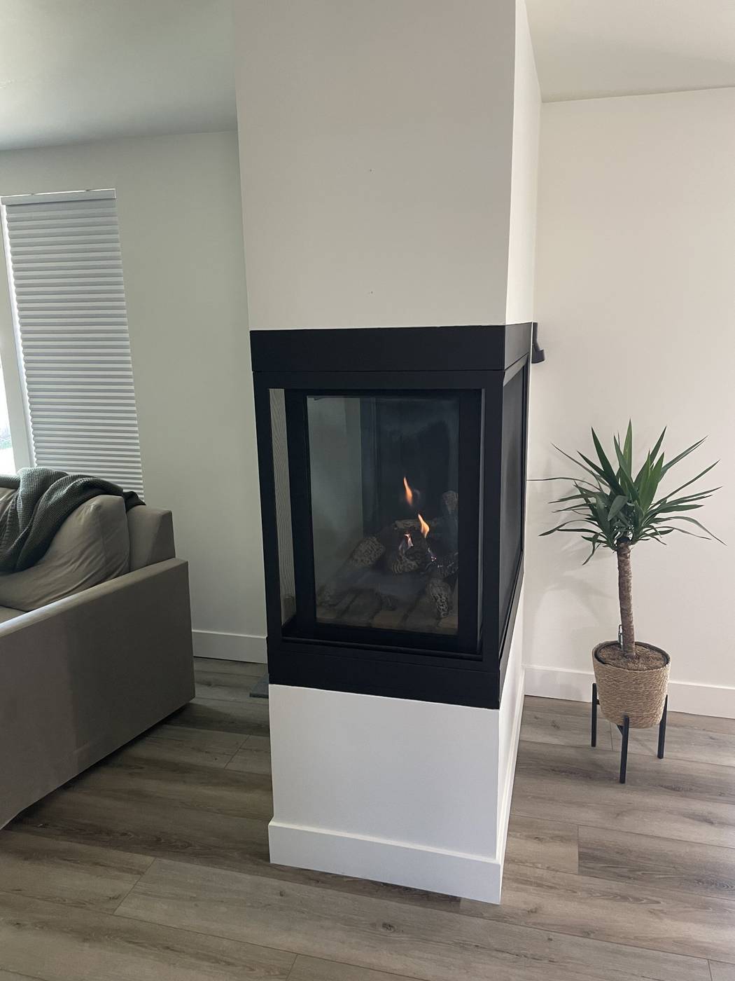After: modern fireplace, side view