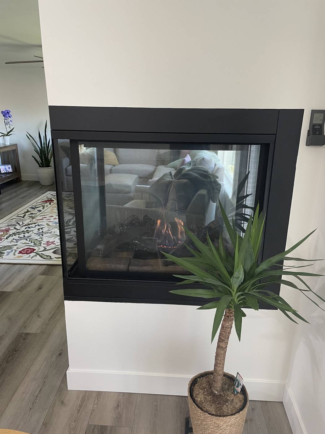 After: modern fireplace with clean white surround