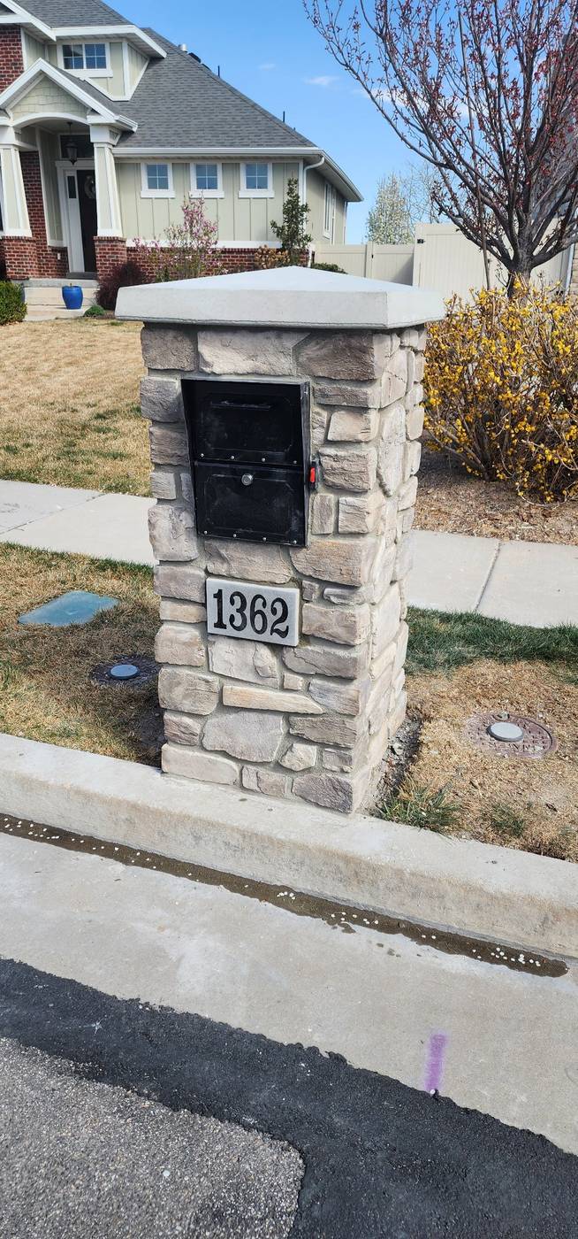 Stone mailbox pillar, front view