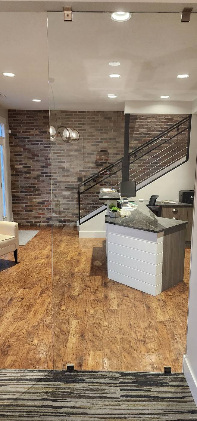 Office lobby with brick feature wall