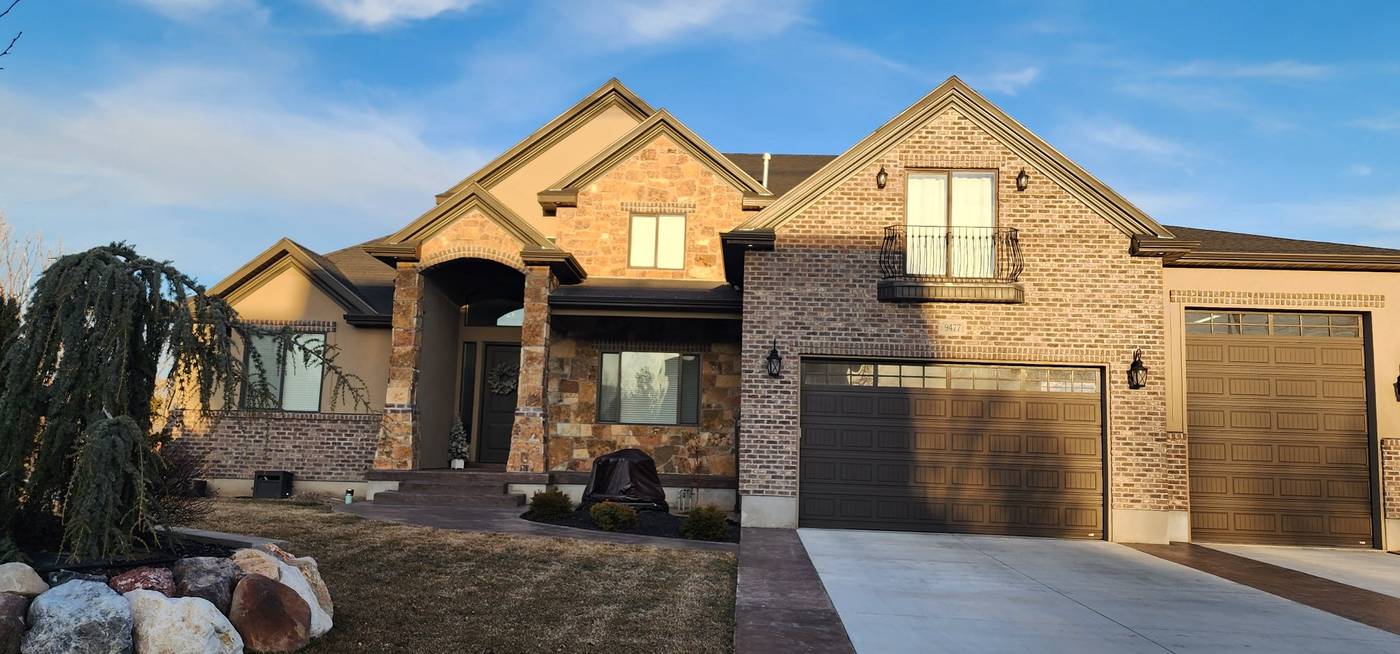 Brick home exterior, wide view