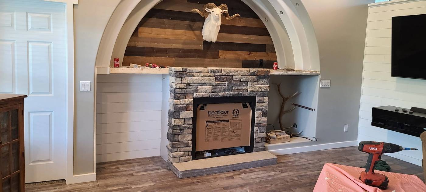 Stone fireplace, finished hearth